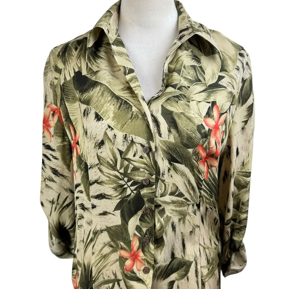Josephine Chaus Womens 2 Piece Green Tropical Floral Print Silk Matching Set